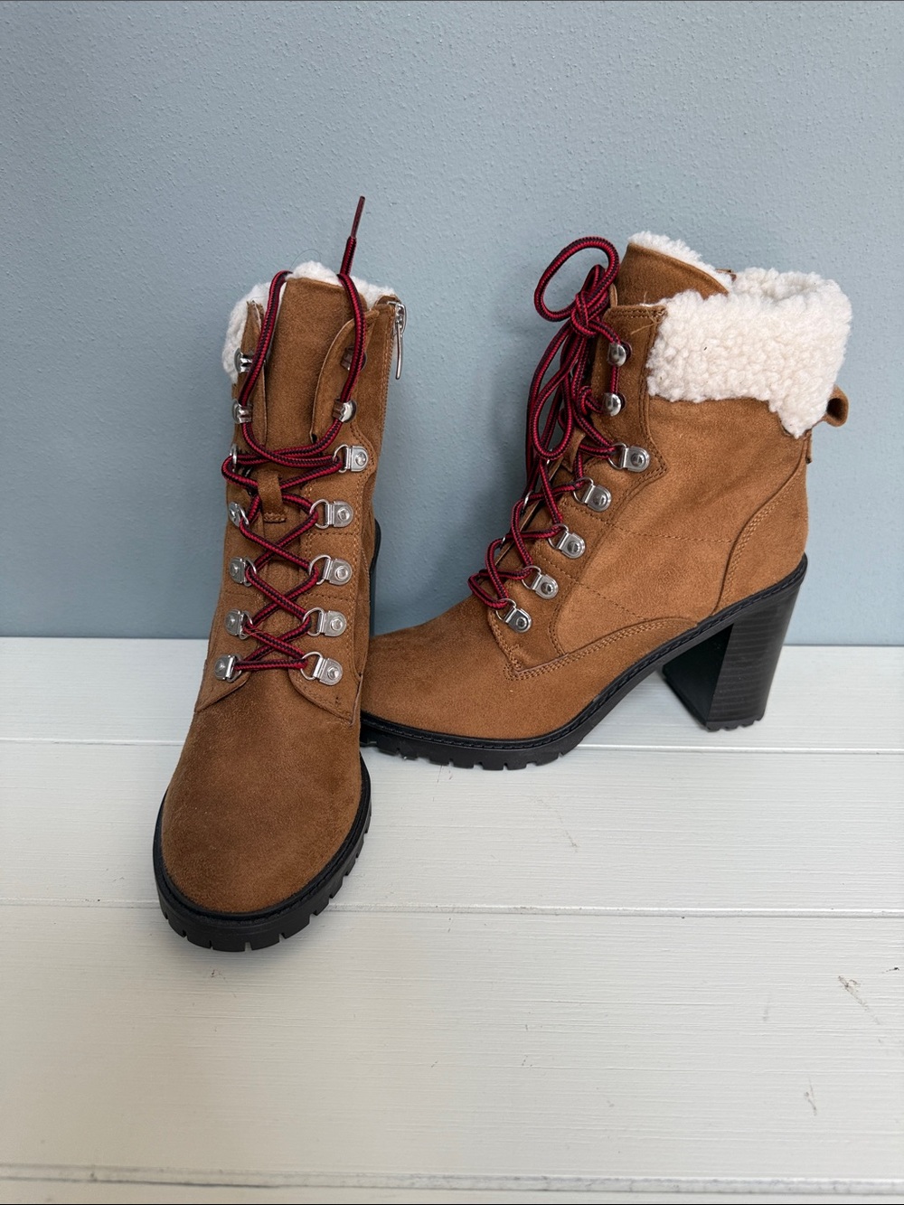 Nine West Tan Suede Lace-Up Heeled Ankle Boots with White Shearling Collar